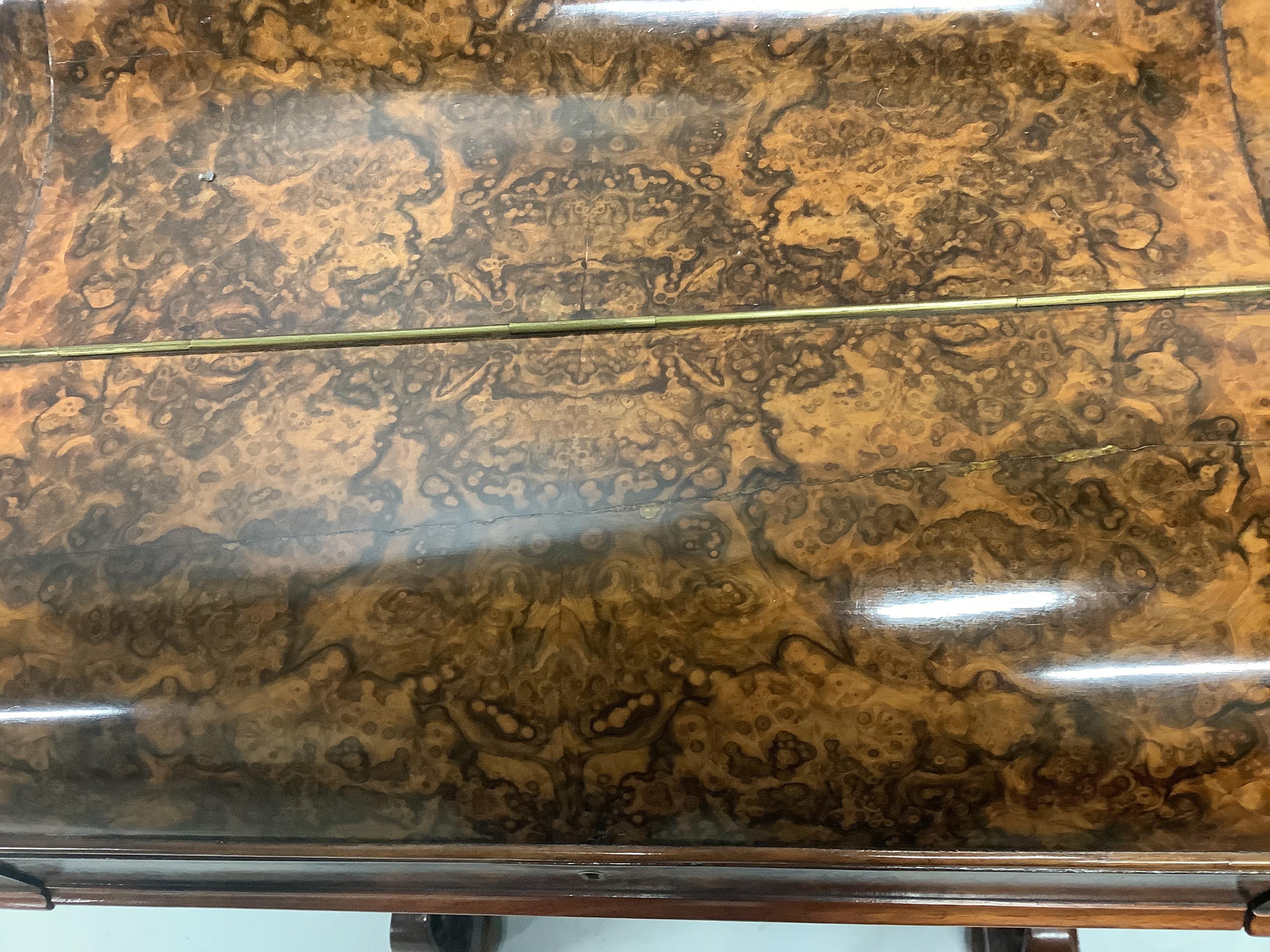 A Victorian burr walnut piano top pop-up Davenport, width 57cm, depth 56cm, height 89cm